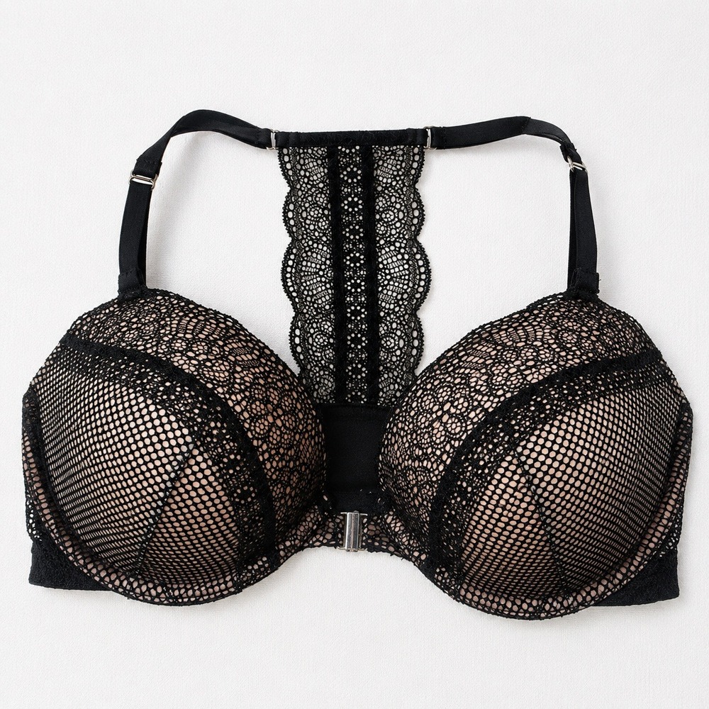 Victoria's Secret Black Fishnet Lace Racerback Front Close Push-Up Bra 32DD